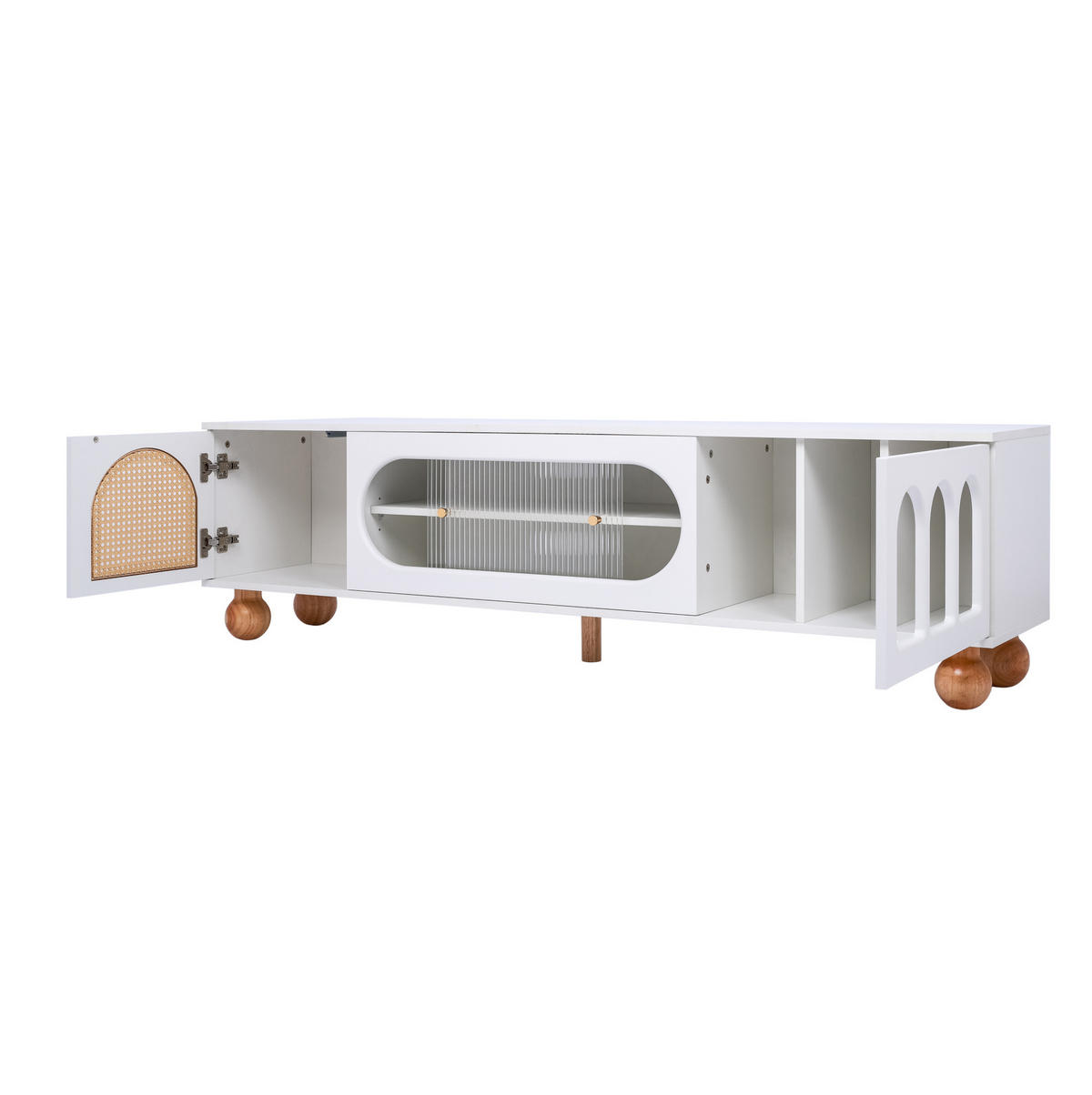 LOWBOARD 170/47/37 cm aus Holzwerkstoff mit Rattanoptik und Glasschiebetür Weiß - Weiß, Holzwerkstoff (170/37/47cm) - Modenvie