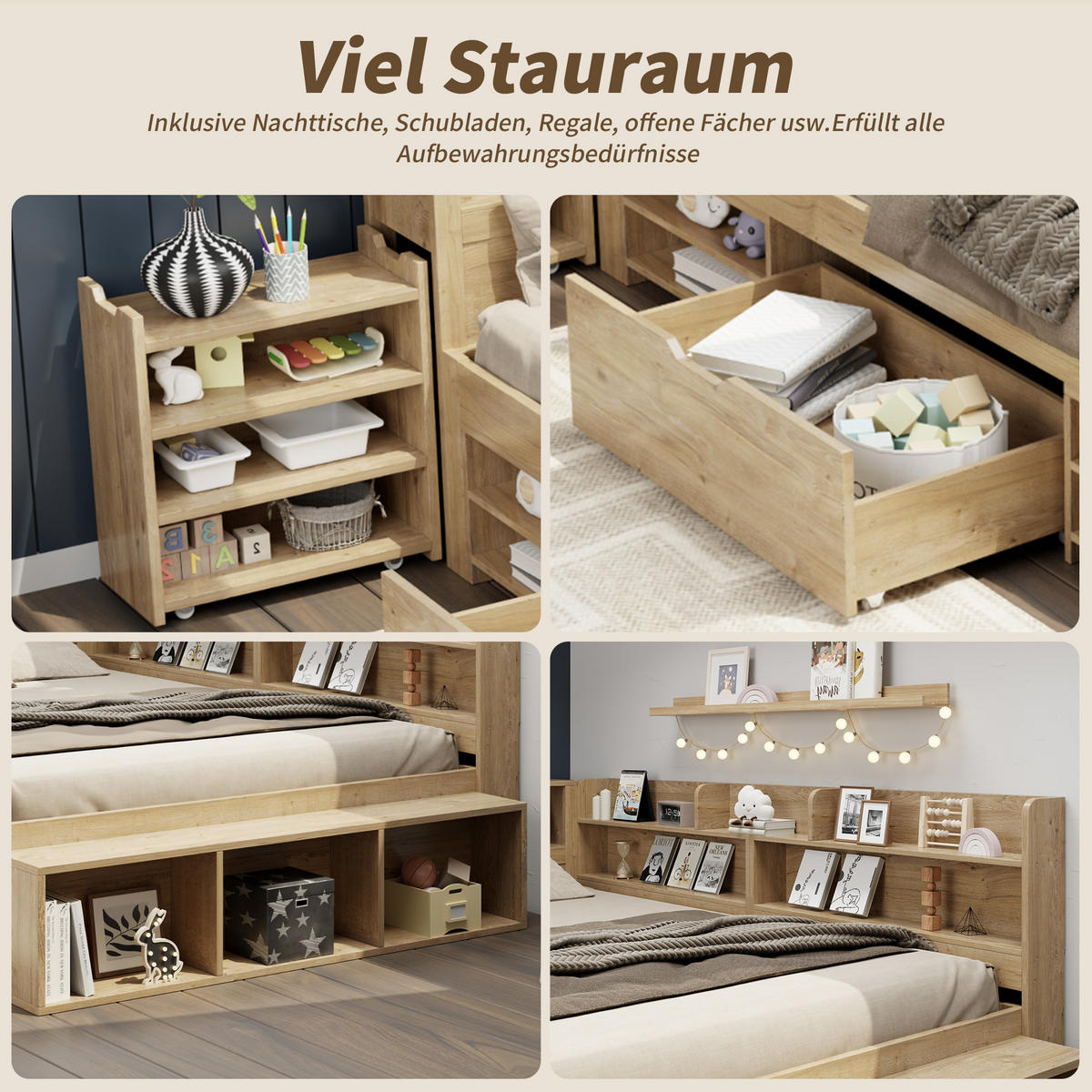 KINDERBETT 140x200 Stauraum Schubladen Regale Natur - Naturfarben, Holzwerkstoff (140/200cm) - FLIEKS
