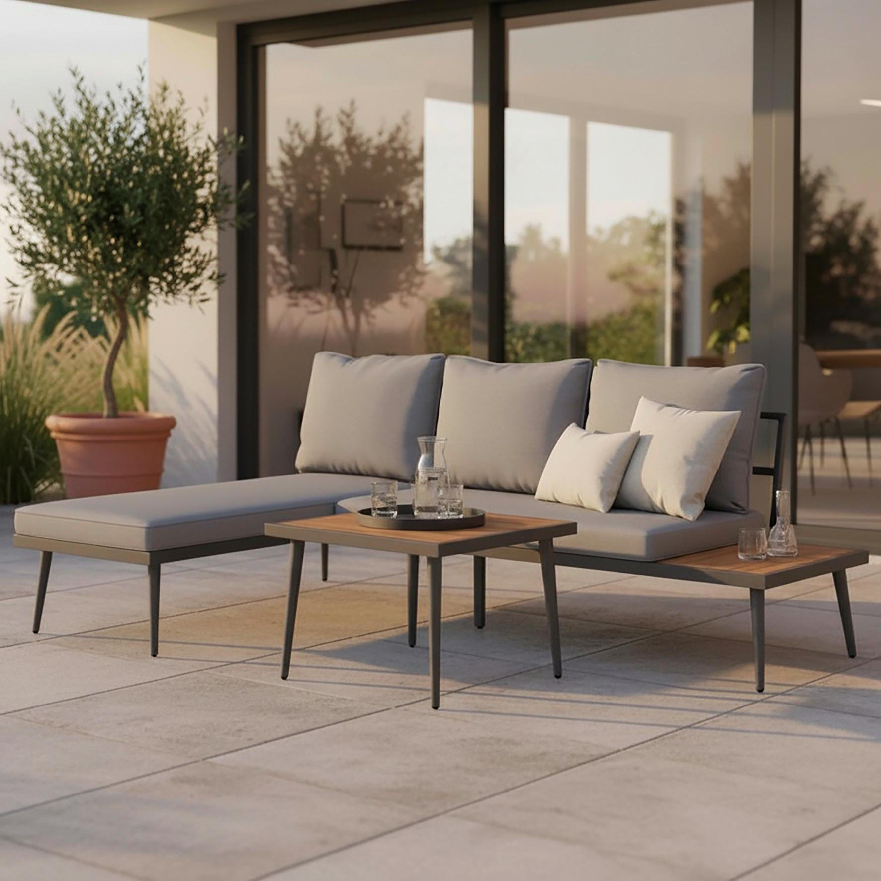 LOUNGEGARNITUR-SET Sallie Grau Holz/Metall/Outdoorstoff - Grau, Holz - Bessagi Garden