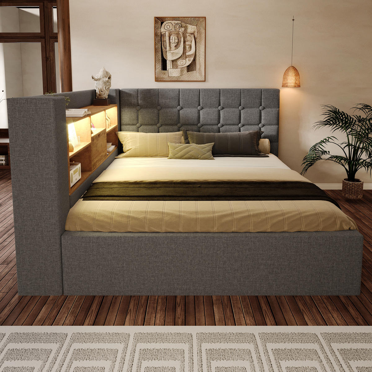 STAURAUMBETT 140/190 cm DE-00620, in Grau, LED-Beleuchtung und USB-Anschluss - Grau, Metall (140/190cm) - ComfortXL