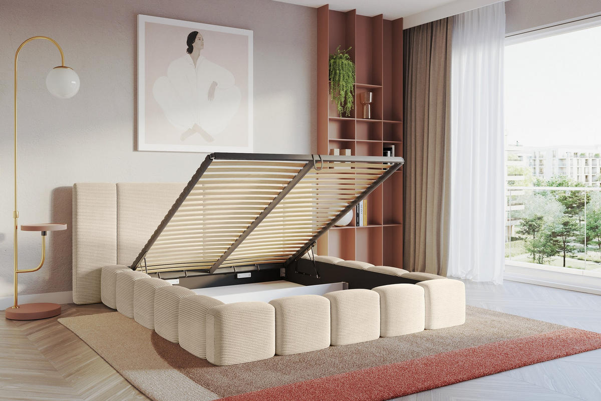POLSTERBETT mit Bettkasten und Lattenrost, Bett mit Matratze H3/H4 - NILO 140x200 Beige - Creme, Holzwerkstoff/Textil (140/200cm) - ALTDECOR
