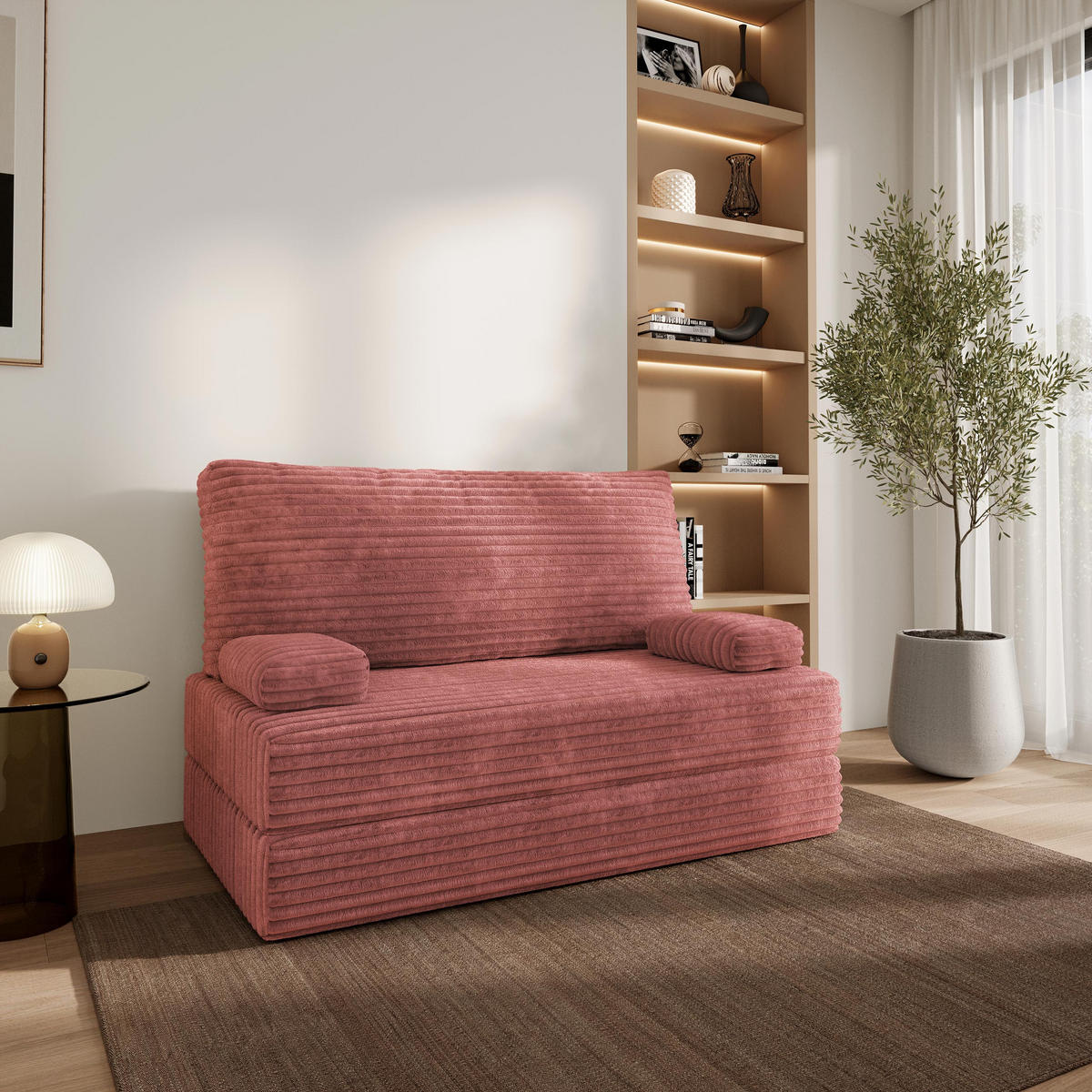 BETTSOFA LADIA aus Schaumstoff Cordstoff Rosa Schlaffunktion - Rosa, Textil (140/86/60cm) - MASSENO
