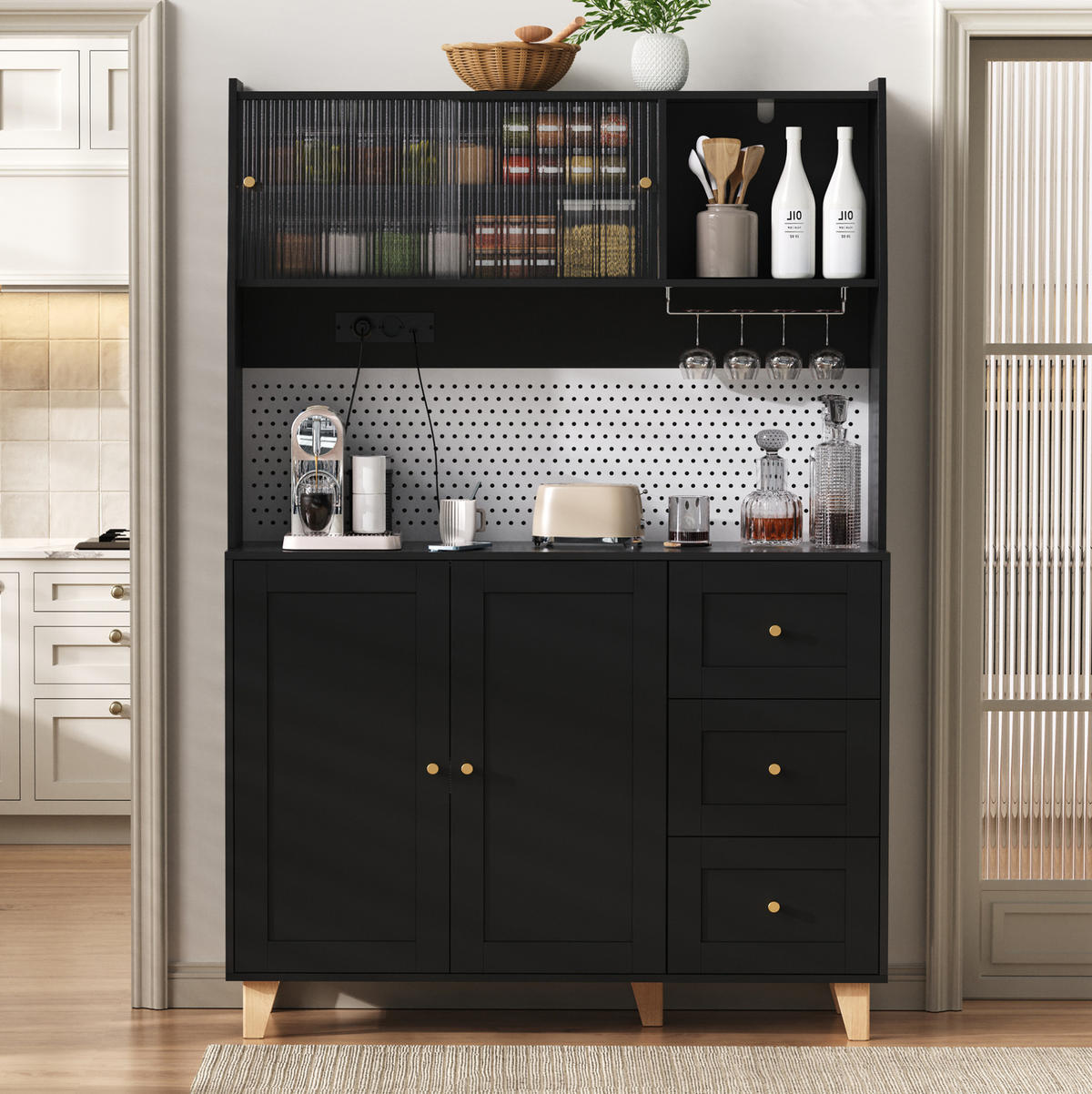 KÜCHENOBERSCHRANK 120/40/184 cm mit Steckdosen, USB, Typ-C, Lochplatte und Glashalter, Schwarz - Schwarz, Holzwerkstoff (120/184/40cm) - Redom