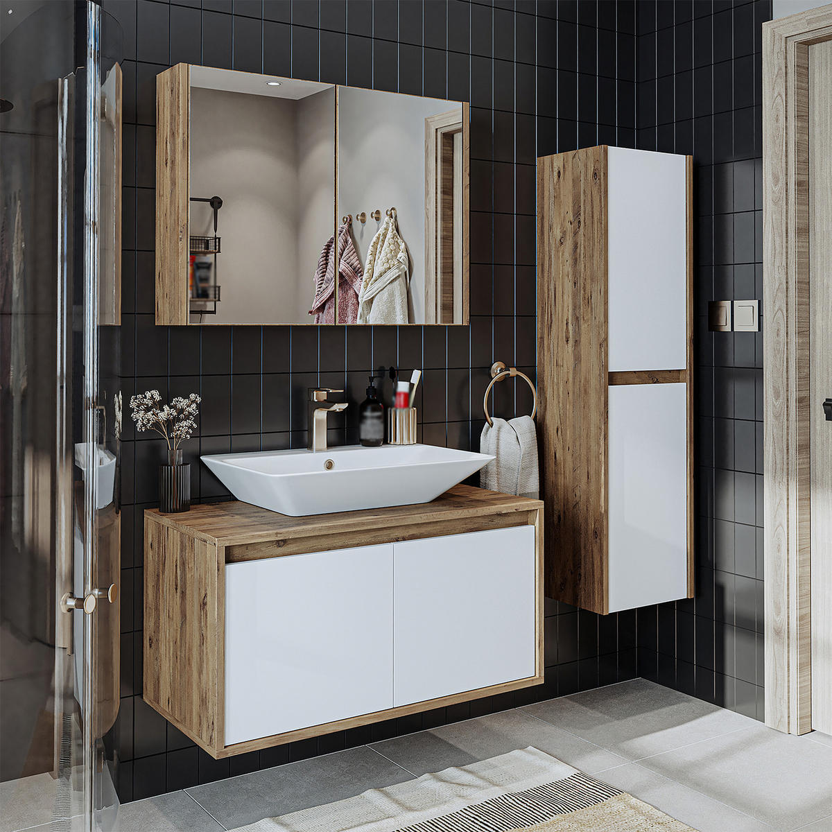 BADMÖBEL Set ATLANTIC-85 4-teilig - Eiche Bianco, Holzwerkstoff (85/150/45cm) - Roomart