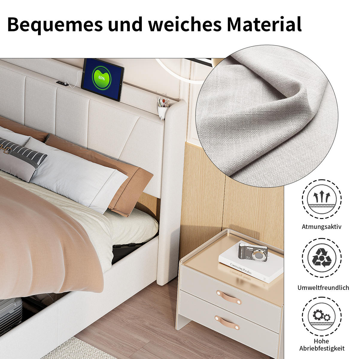 POLSTERBETT 160x200 cm mit hydraulischem Stauraum, 2 USB & 1 Typ-C Anschluss, Leinenstoff in Beige - Beige, Holz (160/200cm) - BRILVERDE