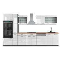 KÜCHENZEILE R-Line Weiß Hochglanz/Anthrazit 350 cm mit Hochschrank, AP Eiche - Weiß Hochglanz/Anthrazit, Holzwerkstoff (350/81.6/60cm) - Vicco
