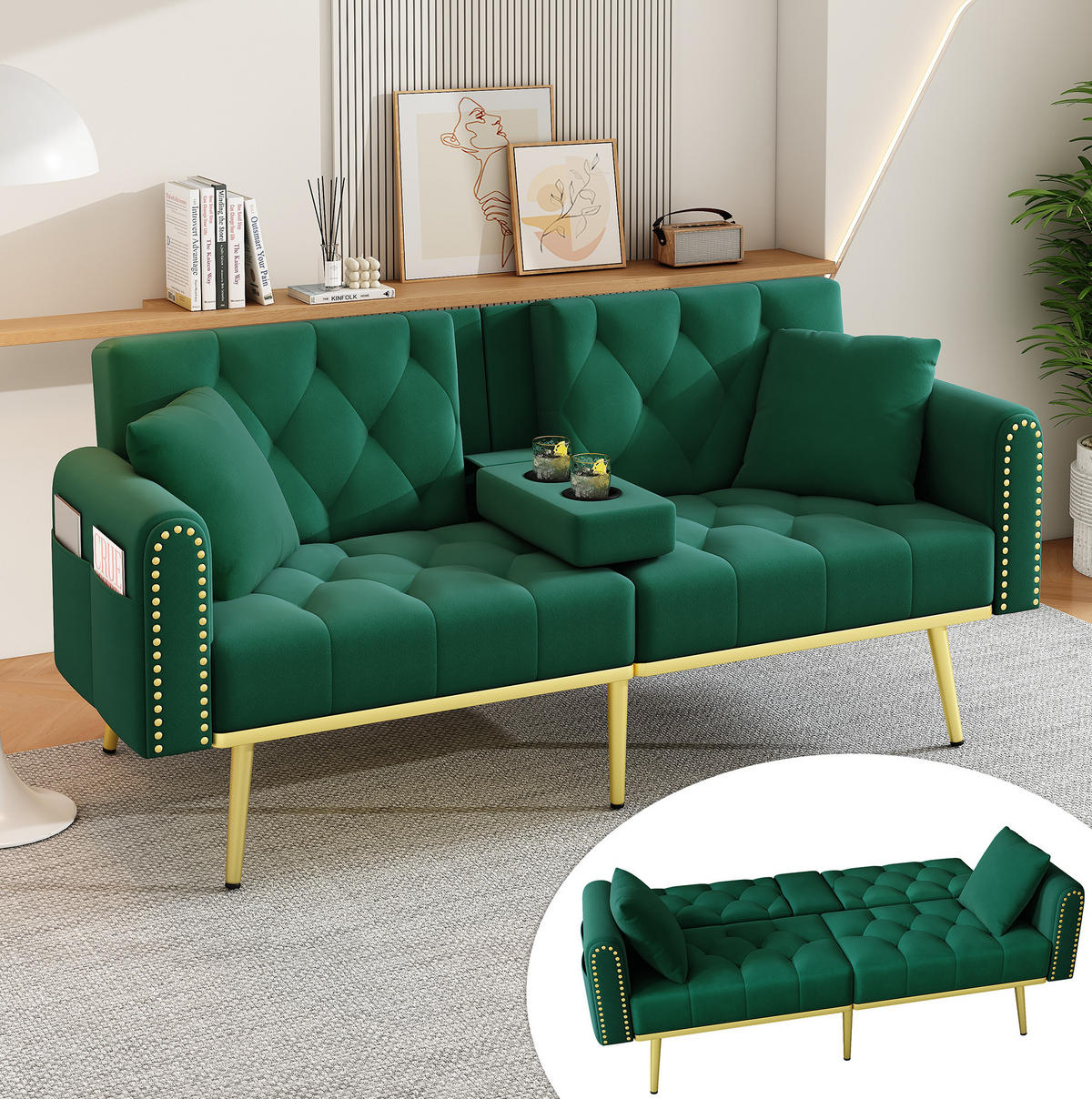 SCHLAFSOFA mit Liegefunktion 175 x 80 cm Samt Grün mit 2 Kissen - Grün, Holzwerkstoff (175/73.5/80cm) - Meubliv