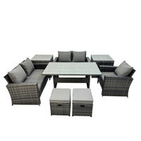 BALKONMÖBEL-SETS mit 2-Sitzer Sofa,2 Hockern,Esstisch,2 Beistelltischen Polyrattan Dunkelgrau 7-Sitzer - Dunkelgrau/Grau, Glas/Kunststoff - Fimous