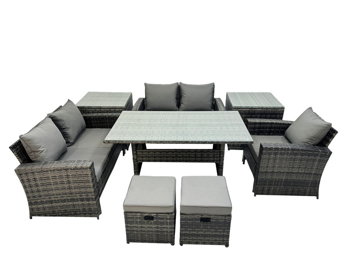 BALKONMÖBEL-SETS mit 2-Sitzer Sofa,2 Hockern,Esstisch,2 Beistelltischen Polyrattan Dunkelgrau 7-Sitzer - Dunkelgrau/Grau, Glas/Kunststoff - Fimous