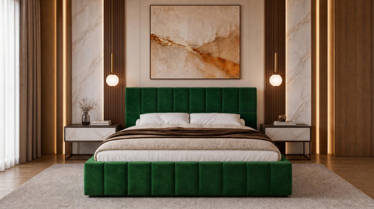 POLSTERBETT 140x200 cm, Alma, Doppelbett mit Bettkasten, Lattenrost aus Holz, Velourstoff, Grün - Grün, Holz/Textil (140/200cm) - Marpur