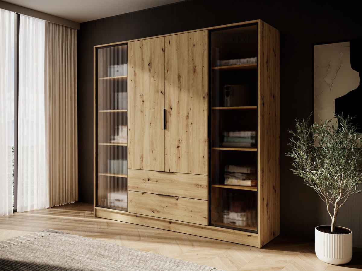 DREHTÜRENSCHRANK mit Glas 206 cm Kalma, 4 Türen, Eiche Artisan - Eiche Artisan, Holz (206/200/51cm) - Emporius