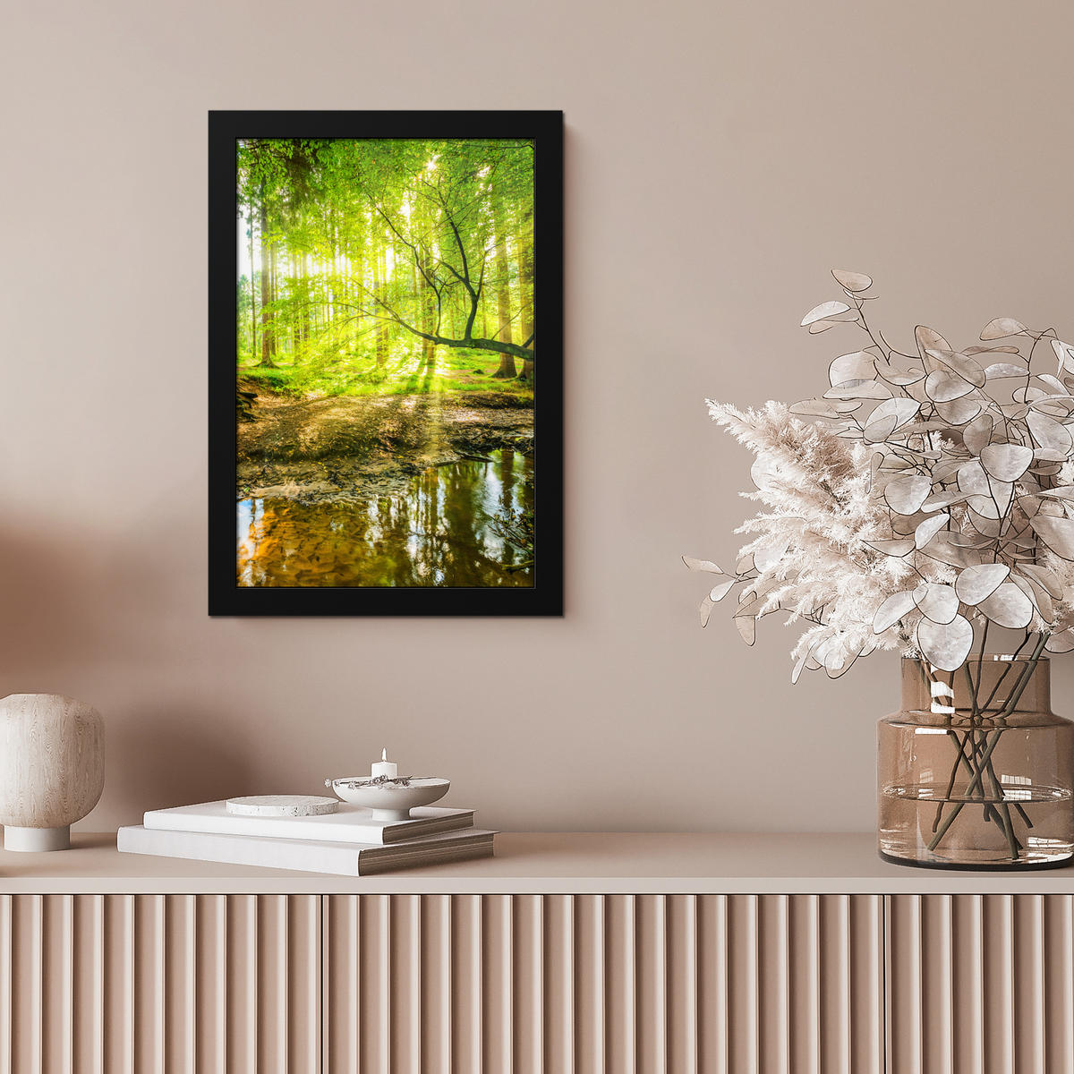 GERAHMTES BILD Wald - Landschaft - Wasser - Bäume - Sonne - Grün - Natur 20x30 cm - Grün, Papier (20/30cm) - MuchoWow