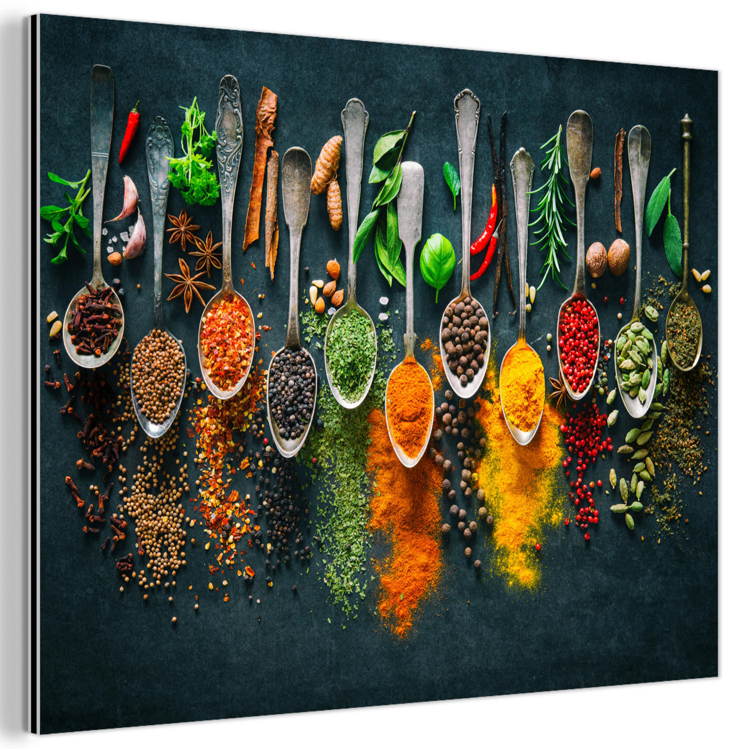 METALLBILD Kräuter - Gewürze - Löffel 80x60 cm - Currygelb, Metall (80/60cm) - MuchoWow