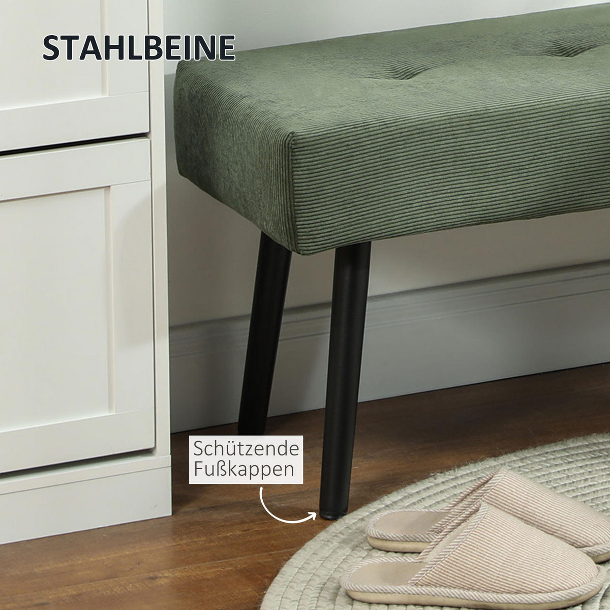 SITZBANK Polsterbank mit Cordbezug, Bettbank mit Metallbeine, Schuhbank Grün - Grün, Kunststoff (36/45/100cm) - HOMCOM