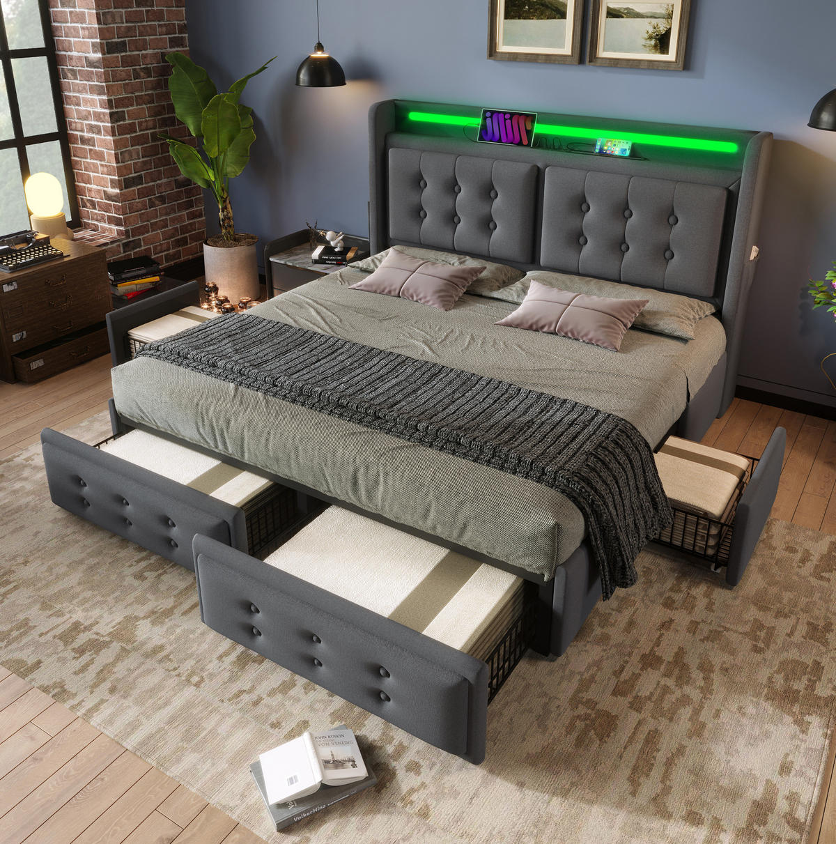 POLSTERBETT 160/200 cm Grau mit LED-Kopfteil und USB-Anschlüssen Mit Matratze - Grau, Textil (160/200cm) - OKWISH