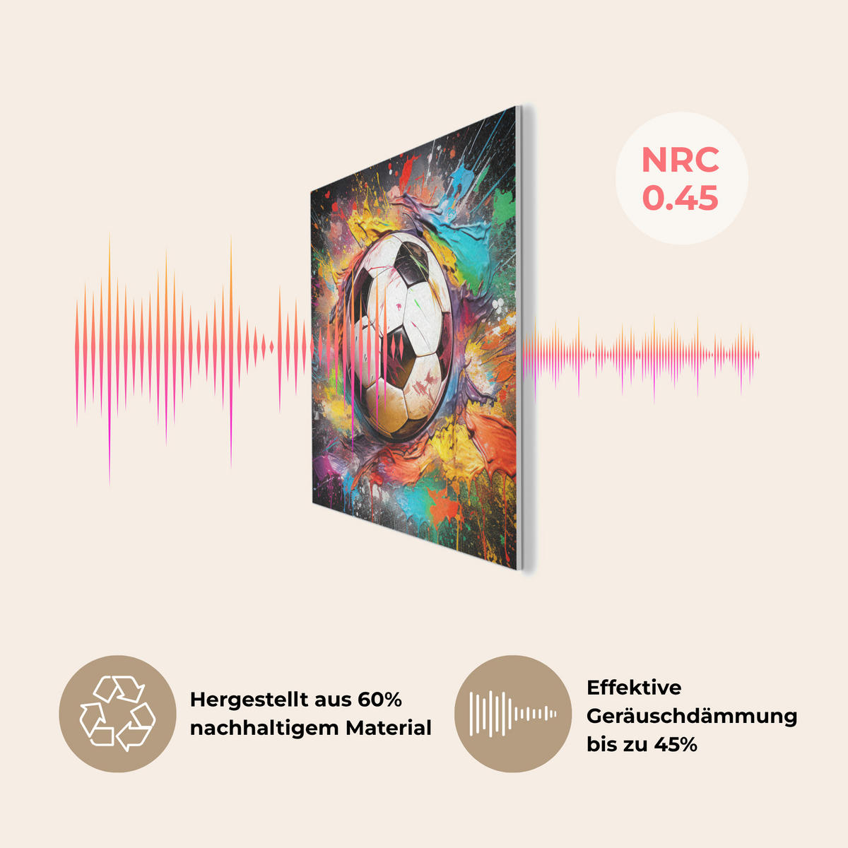 AKUSTIKPANEEL Fußball - Farbe - Farben - Schwarz - Weiß 90x90 cm - Weiß, Textil (90/0.9/90cm) - MuchoWow