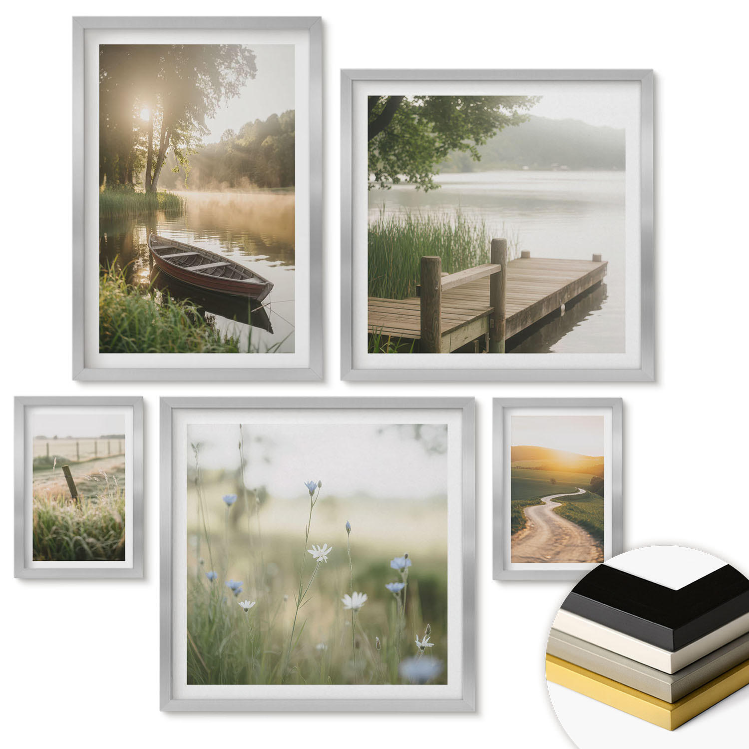 WANDBILDER 5er Set - 50x50 cm & 20x30 cm & 40x60 cm Silberner Rahmen - Libellen im Gras, Wassermalerei - Silberfarben, Kunststoff (40/60cm) - ArtPrintCave
