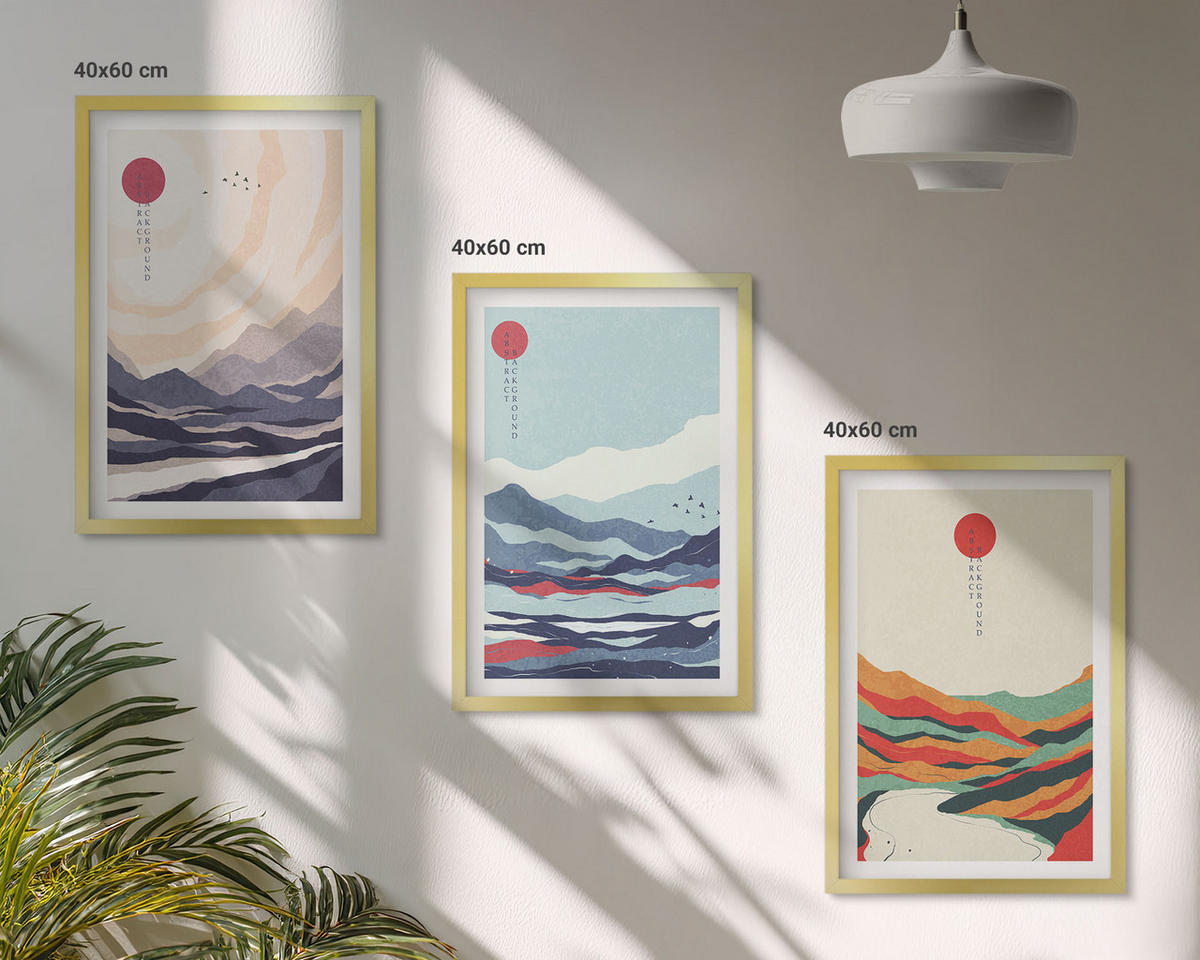 BILDER SET 3er Set - 40x60 cm Goldrahmen - Japanische Bergabstraktionen - Goldfarben, Kunststoff (40/60cm) - TULUP