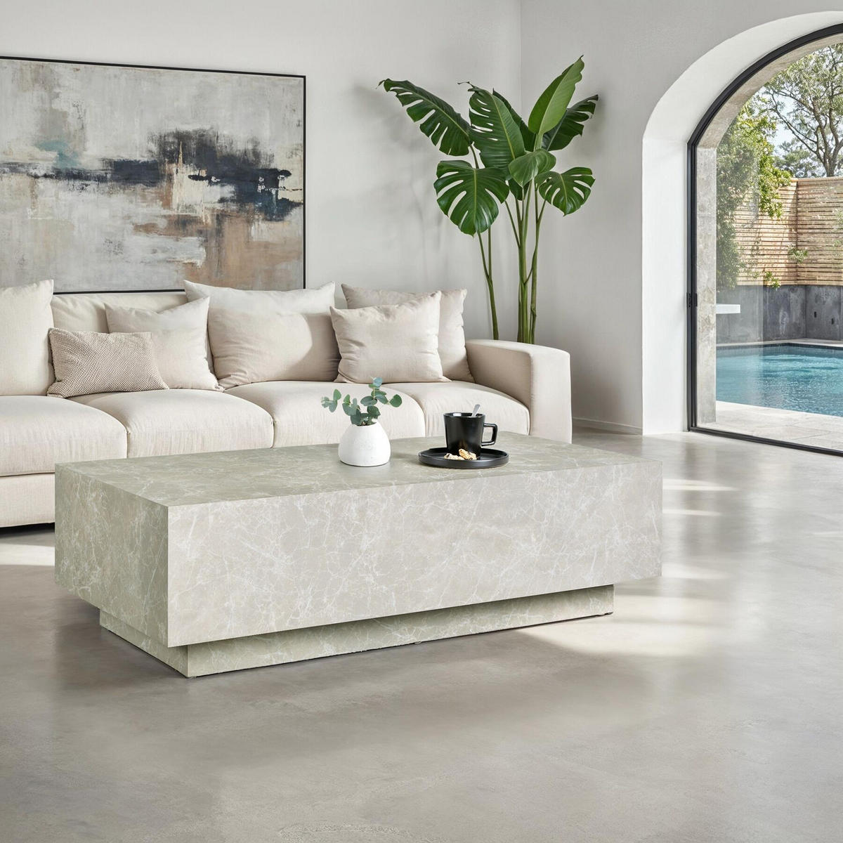 COUCHTISCH Lasley,inkl. Bodenschoner, Belastbarkeit 45 kg,Travertin Optik - Beige, Holz (60/120/35cm) - tectake