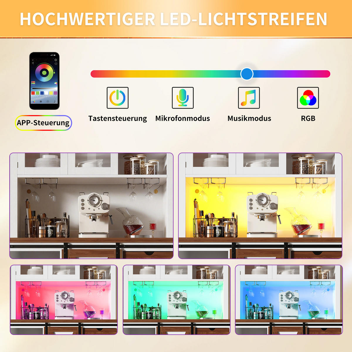 BUFFET 104/40/180 cm Weiß aus MDF, Glas und Metall mit LED - Weiß, Glas (104/180/40cm) - OKWISH