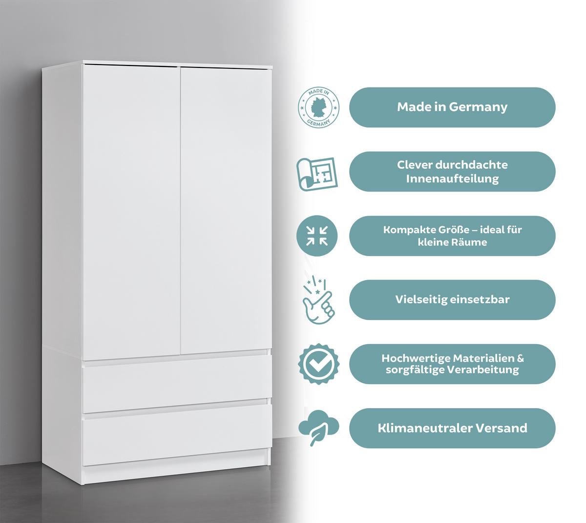 GARDEROBE mit 2 Türen, 3 Einlegeböden und 2 Schubkästen in weiß - Weiß, Holzwerkstoff (90/182/51cm) - Home Collective