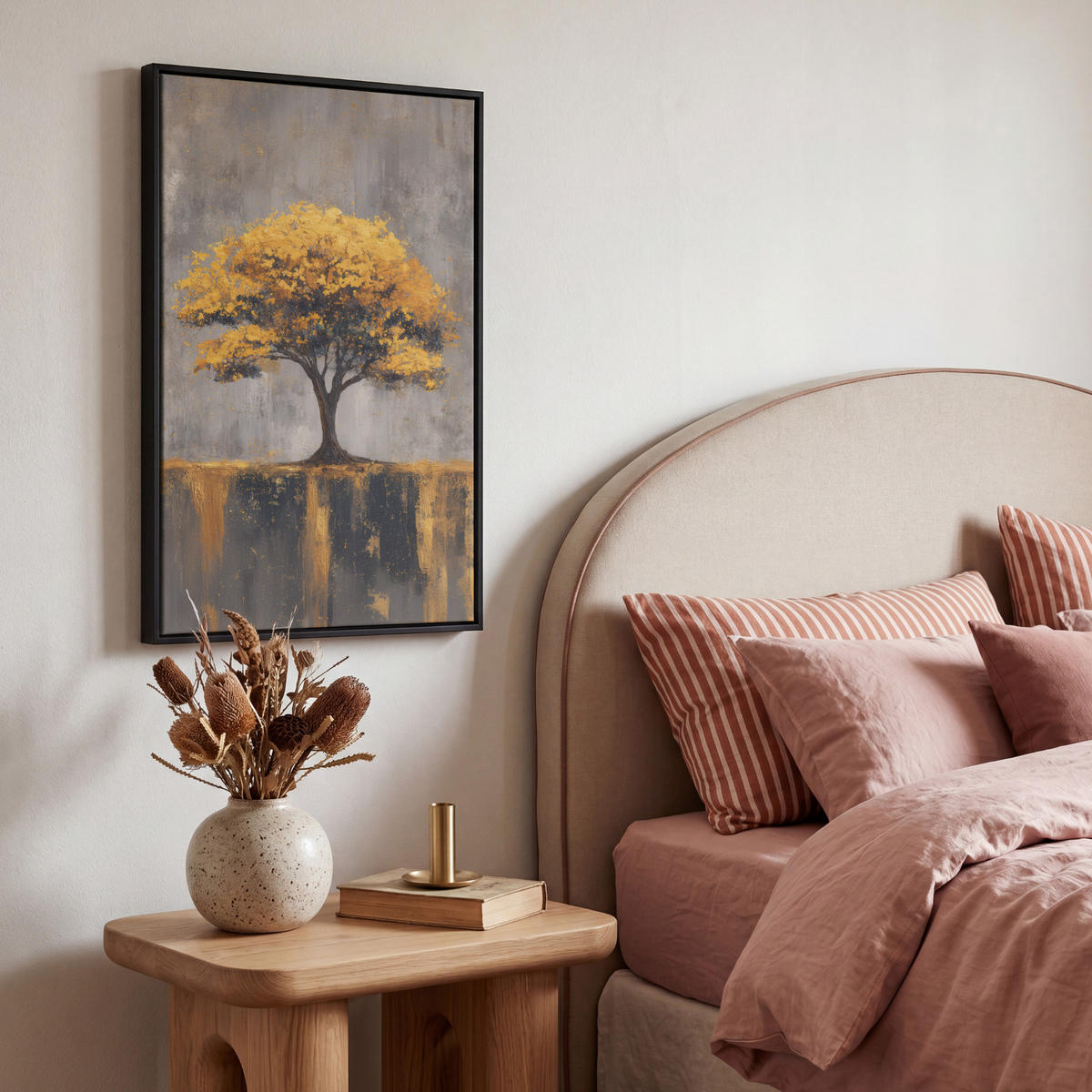 LEINWAND Bilder mit Rahmen - Baum - Blätter - Gold - Abstrakt - 40x60 - Grau, Textil (40/60cm) - MuchoWow