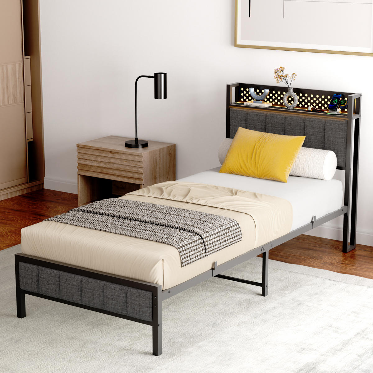 METALLBETT 90/200 cm Schwarz mit Stauraum-Kopfteil mit USB-Anschlüssen - Schwarz, Metall (90/200cm) - OKWISH