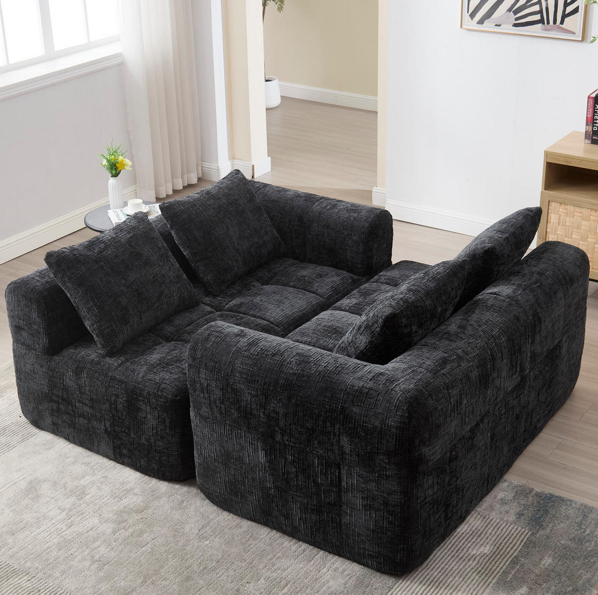 SOFA mit Chaiselongue 250 x 158 cm Chenille Black - Schwarz, Textil (158/250cm) - Meubliv