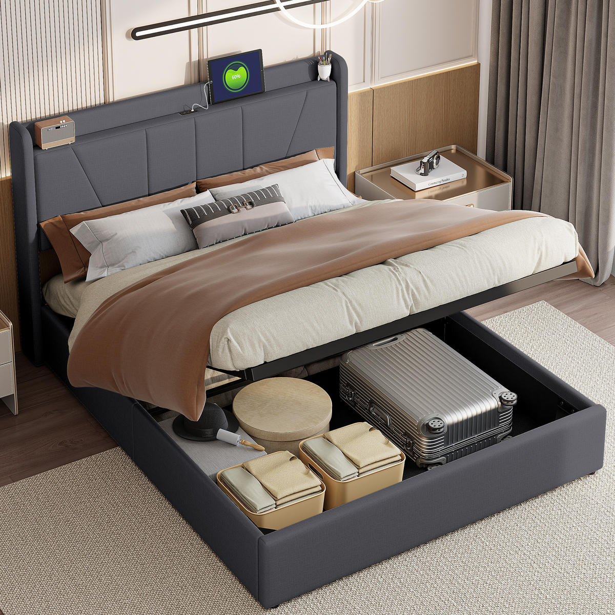 POLSTERBETT 140x200 cm, Grau, LED-Beleuchtung und USB - Grau, Textil/Metall (140/200cm)