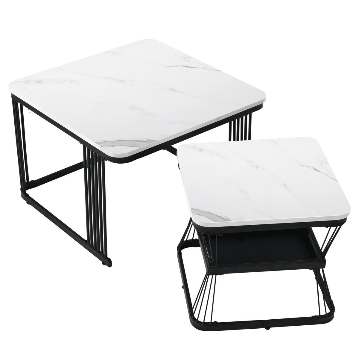 COUCHTISCH-SET aus MDF 65x65x45 cm Weiß in Marmoroptik mit schwarzen Stahlbeinen - Weiß, Holzwerkstoff (65/65/45cm) - IVMEU