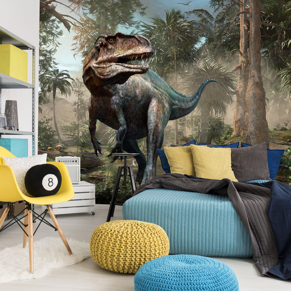 FOTOTAPETE für Jugendzimmer Realistischer Dinosaurier Dschungel Palmen 350x256 - Beige/Schwarz, Papier (350/256cm) - Muralo