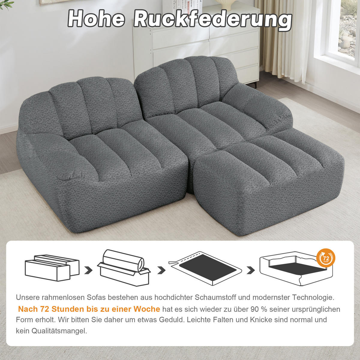 ECKSOFA aus granuliertem Fleece, frameless Lounge-Design ohne Montage - Grau, Textil (210/165cm) - Urban Meuble