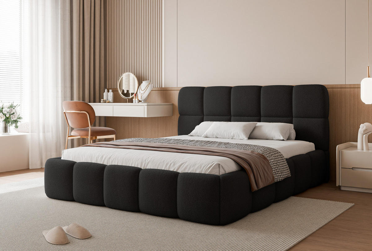 POLSTERBETT CERETTO 180x200 cm Schwarz Bouclé (Stoff Quelle) - mit Bettkasten und Holzlattenrost - Schwarz, Holzwerkstoff/Textil (180/200cm) - Ravio