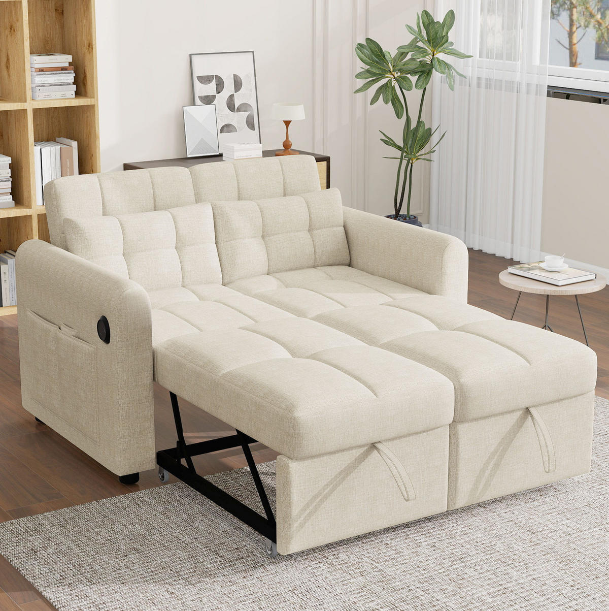 SCHLAFSOFA 142/85/83 cm in Beige – 3-in-1 mit USB - Beige, Textil (85/83/142cm) - BEAOK