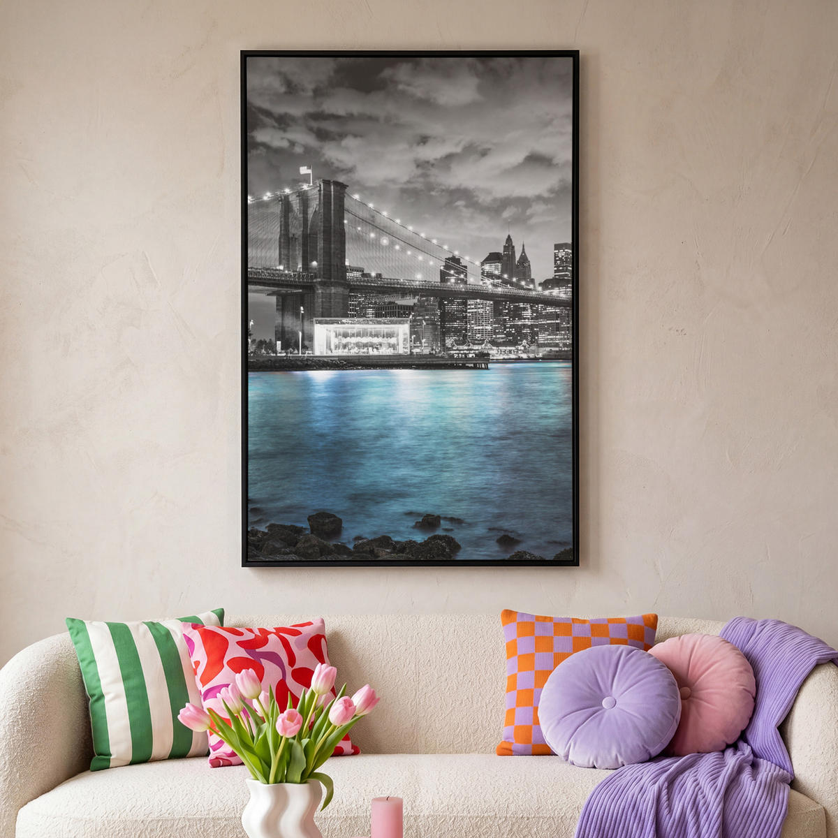 LEINWAND Bilder mit Rahmen - New York - Skyline - Stadt - Blau - 80x120 - Blaugrau, Textil (80/120cm) - MuchoWow