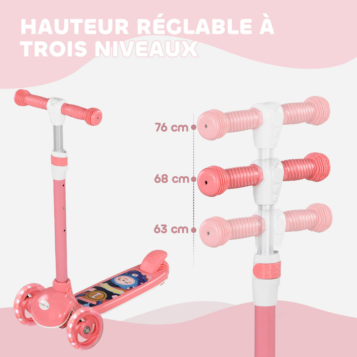 KINDERSCOOTER DE-16956 3 Räder mit LED-Leuchten Rosa - Pink, Kunststoff (52/29/76cm) - ComfortXL