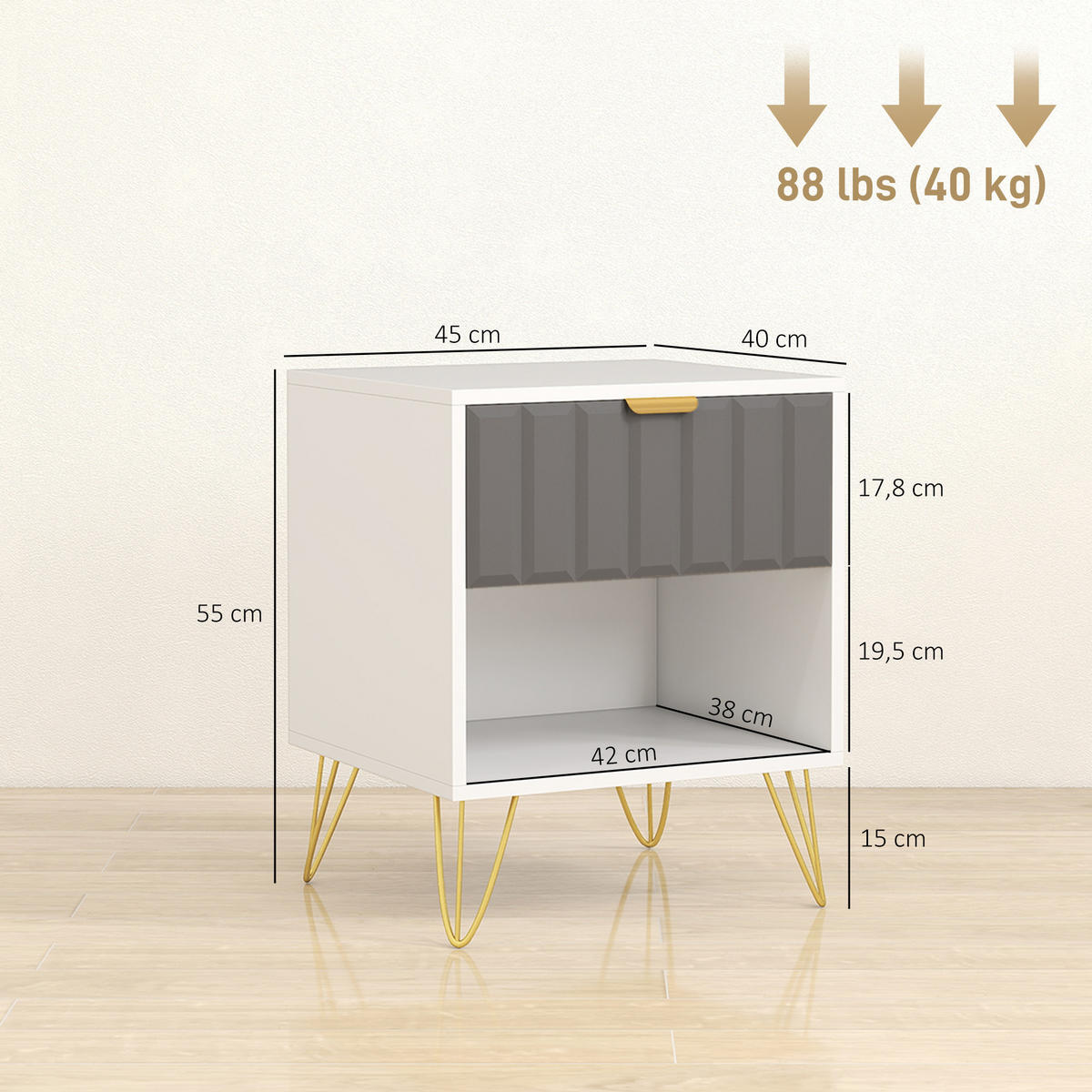 NACHTSCHRANK DE-12912 Schublade und offenes Fach, Stahlfüße Weiß - Weiß, Holzwerkstoff (40/55/45cm) - ComfortXL