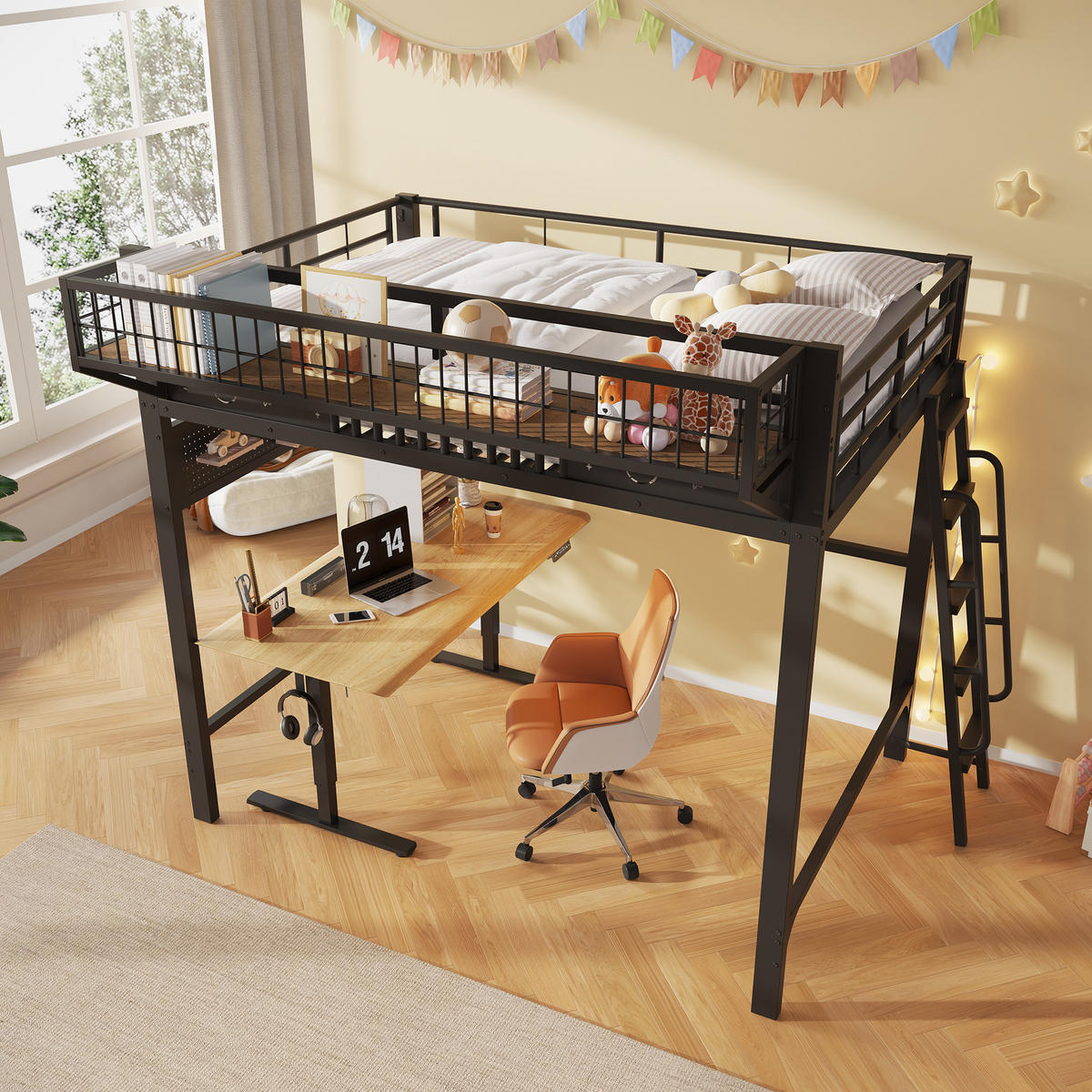 HOCHBETT 140/200 cm mit Staufächern und offener Ebene, DE-42030, in Schwarz - Schwarz, Metall (140/200cm) - ComfortXL