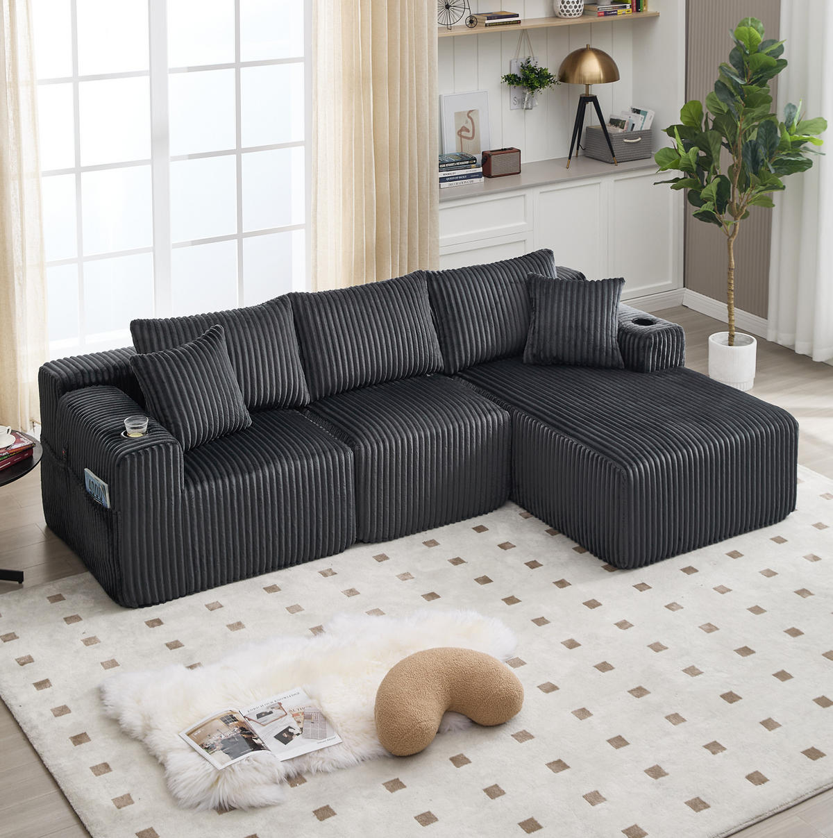 ECKSOFA 257/90-160/62 cm Grau aus Cord mit Chaiselongue - Grau, Textil (160/257cm) - OKMYHOME