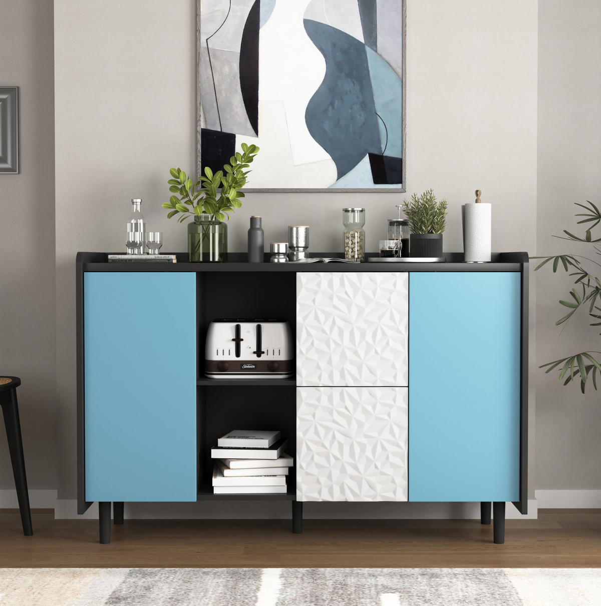 SIDEBOARD 120/40/80 cm Schwarz/Blau aus MDF mit 2 Schubladen - Schwarz, Holzwerkstoff (40/80/120cm) - OKMYHOME