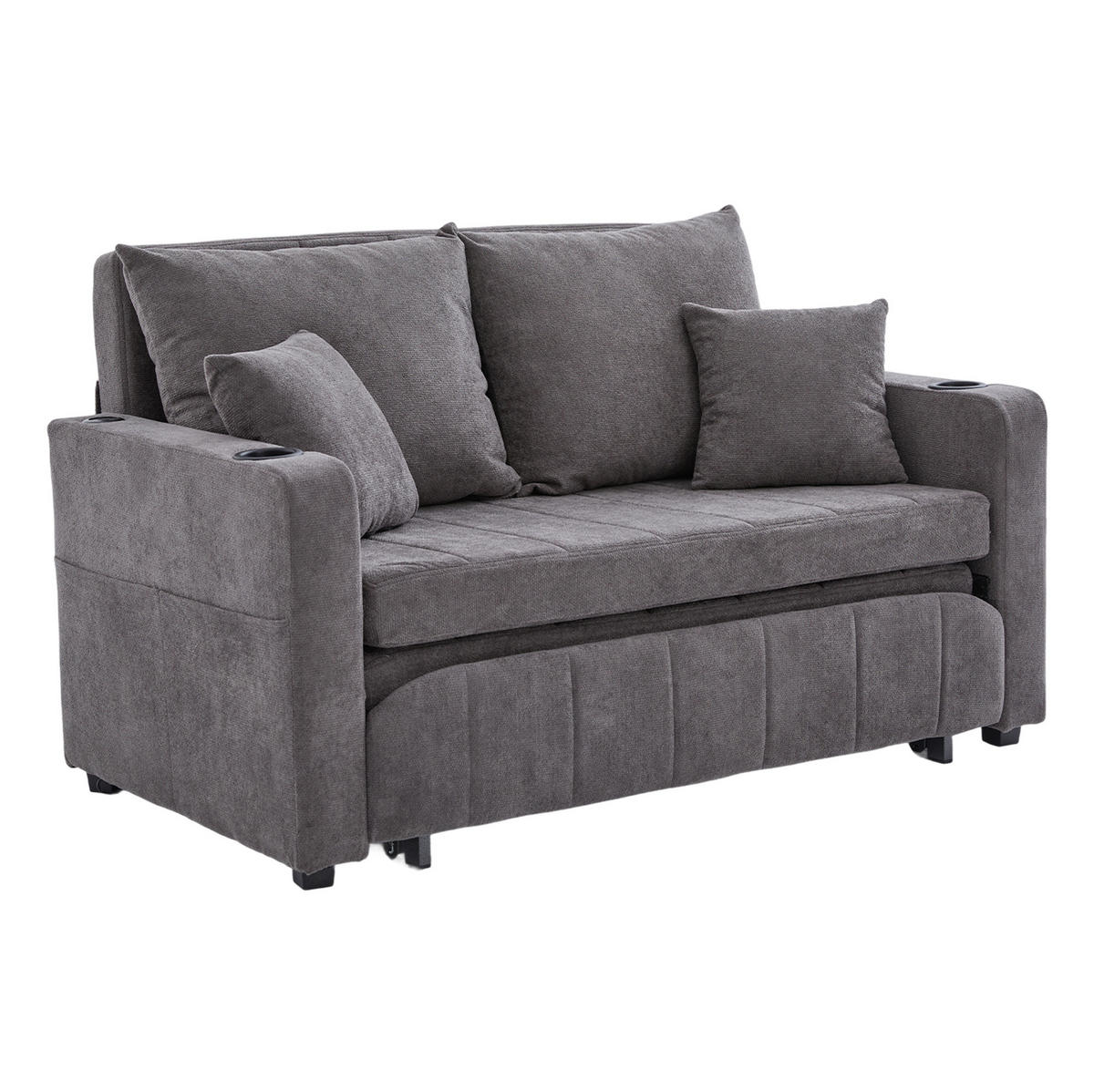 SCHLAFSOFA aus Chenille 139x83x58 cm Grau ausziehbar mit Armlehnentaschen, Kissen und hohem Sitzkomfort - Grau, Textil (73/83/139cm) - Modfu