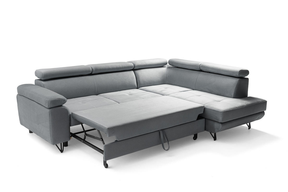 ECKSOFA JUNIOR L Rechts mit Schlaffunktion 194x128 Velours Grau - Schwarz/Grau, Holz/Textil (184/249cm) - Muffo