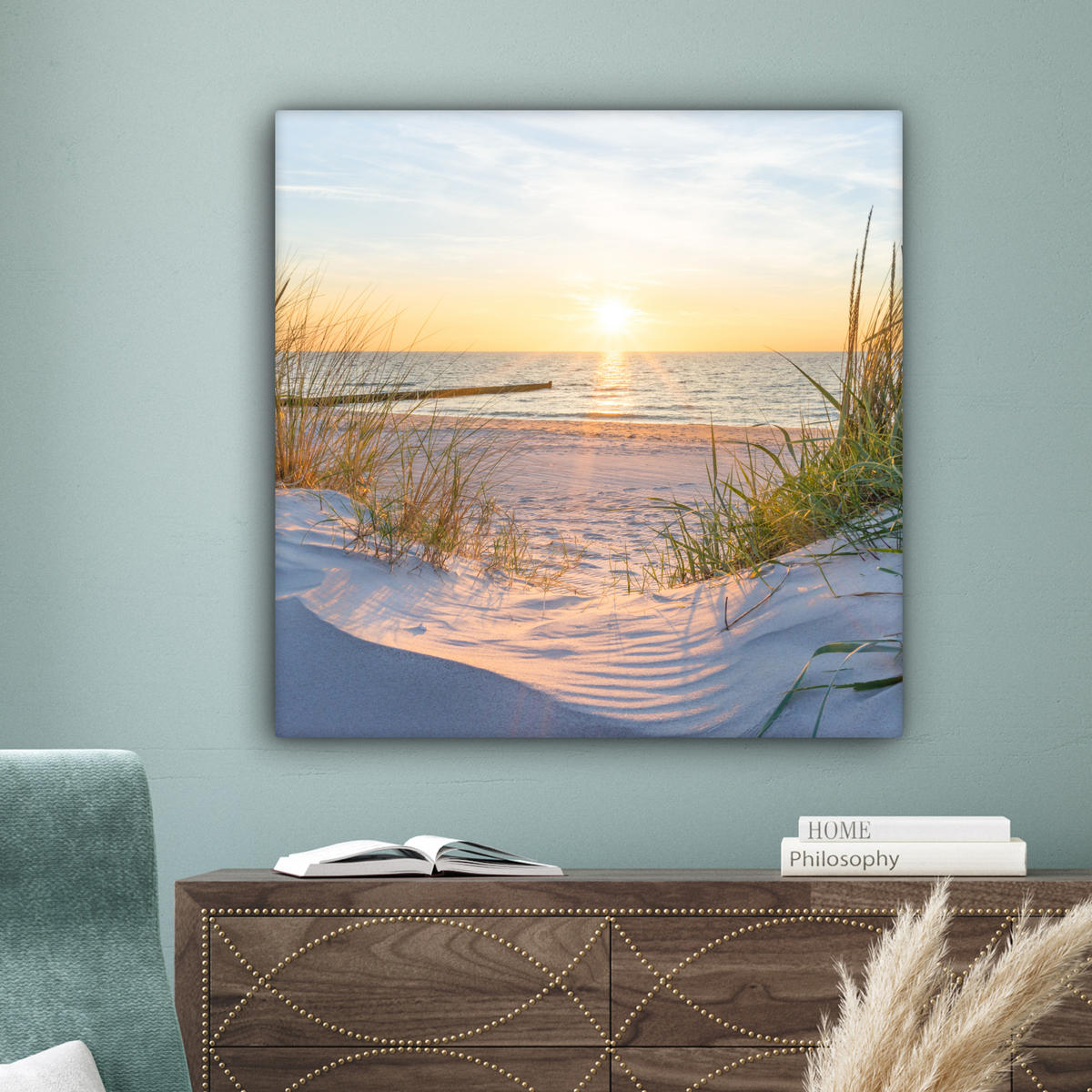 LEINWANDBILD Strand - Sonne - Düne - Gras - Sand - Horizont 90x90 cm - Hellblau, Textil (90/90cm) - MuchoWow