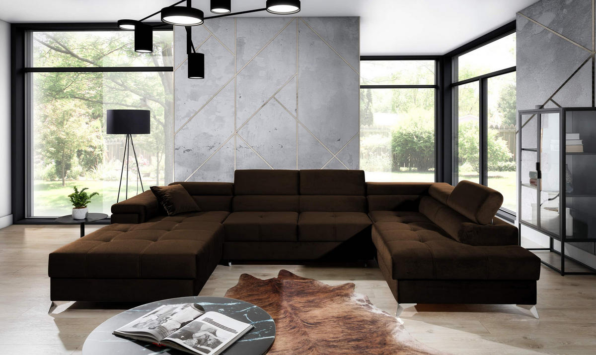 WOHNLANDSCHAFT mit Schlaffunktion und Bettkasten, Kronos-Stoff - Chromfarben/Dunkelbraun, Textil/Metall (202/90/345cm) - Eltap