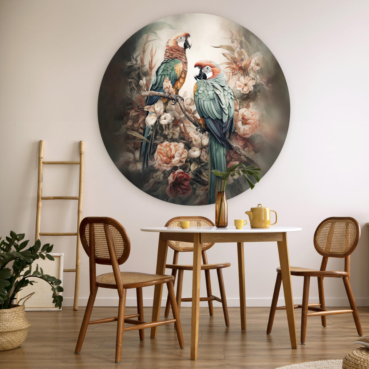 WANDBILD Papageien - Vögel - Natur - Blumen 140x140 cm - Baltimorefarben, Kunststoff (140/140cm) - MuchoWow