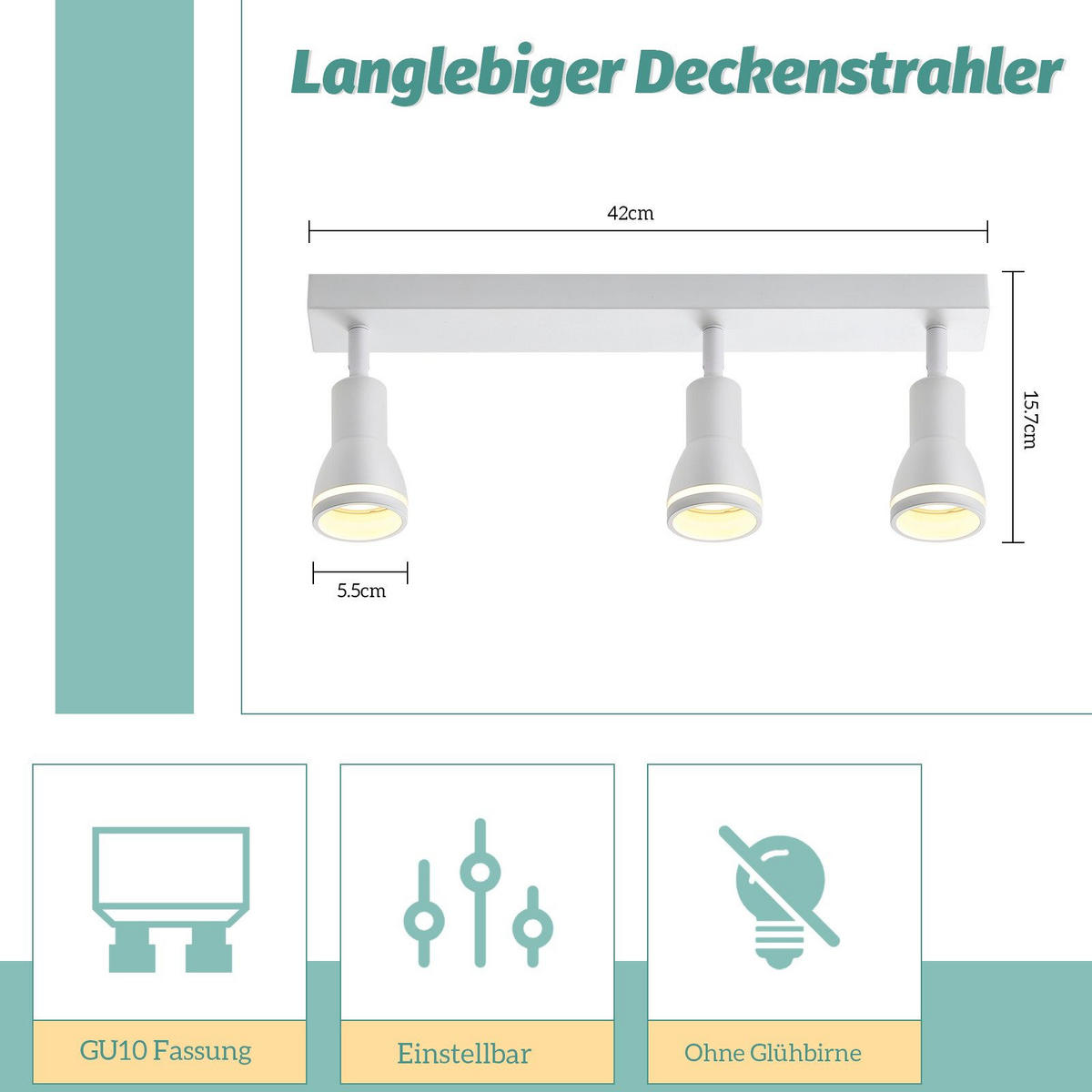 STRAHLER Herford 3-flammig 42/5/15.7 cm - Weiß, Metall (42/5/15.7cm) - Nettlife