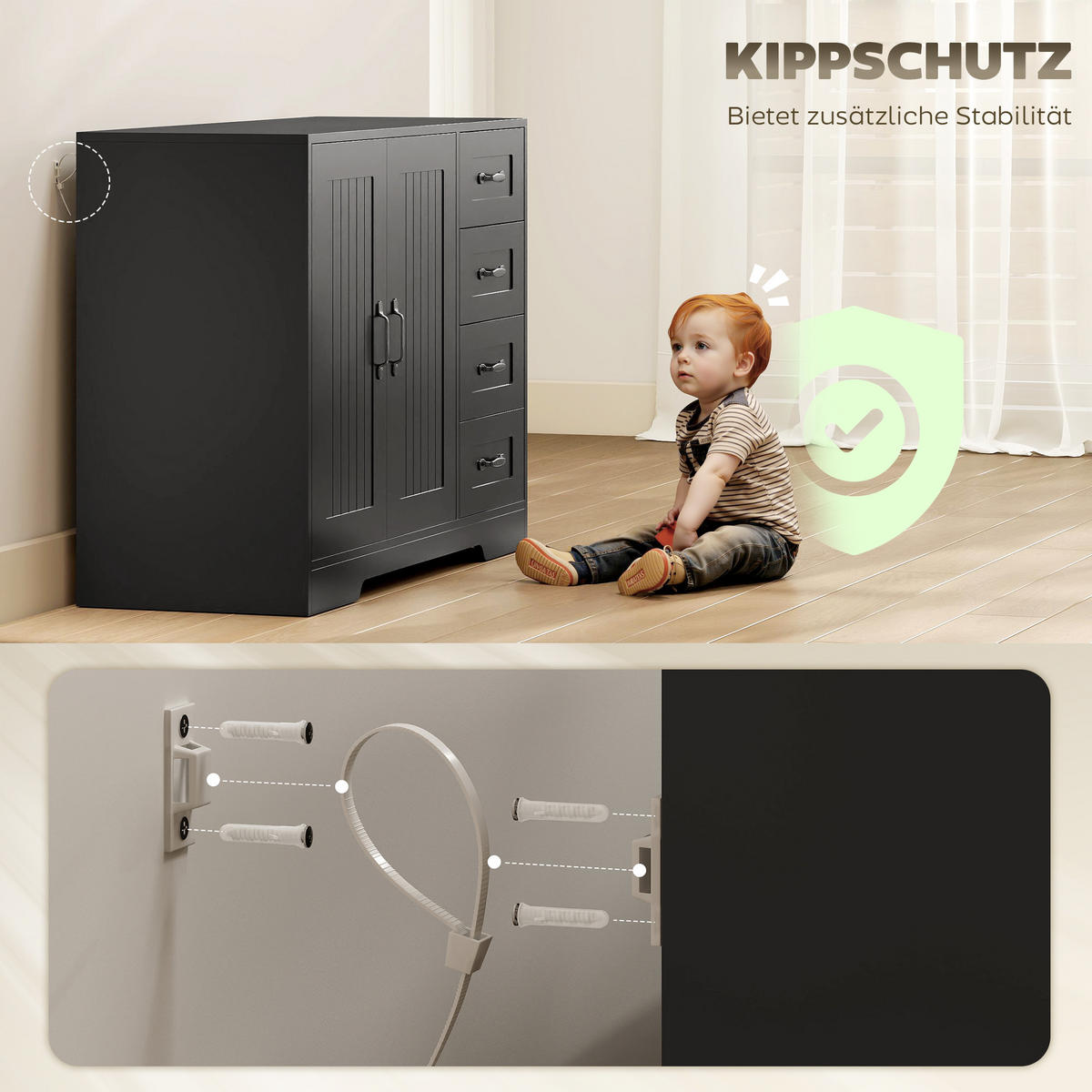 SIDEBOARD, Beistellschrank mit 4 Schubladen, verstellbarer Einlegeboden, Schwarz - Schwarz, Holzwerkstoff/Metall (40/76/105cm) - HOMCOM
