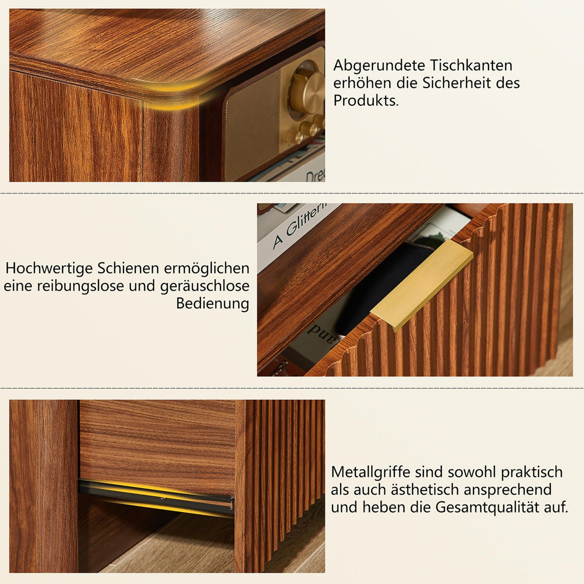 NACHTTISCH 58/38/60 cm in Nussbaumfarben mit Rillendesign und Schublade - Walnussfarben, Holzwerkstoff (58/60/38cm) - Flora Grace