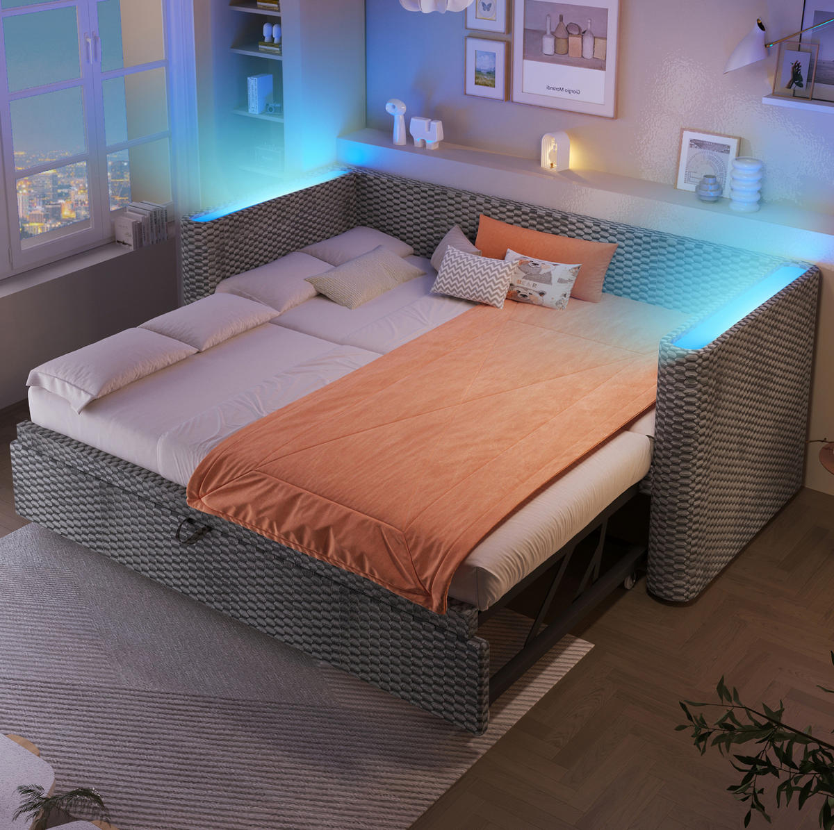 TAGESBETT aus Samt 90x200 cm Grau mit Ausziehfunktion, LED-Beleuchtung und umklappbarer Liegefläche 180x200 cm - Grau, Textil (90/200cm) - Modfu