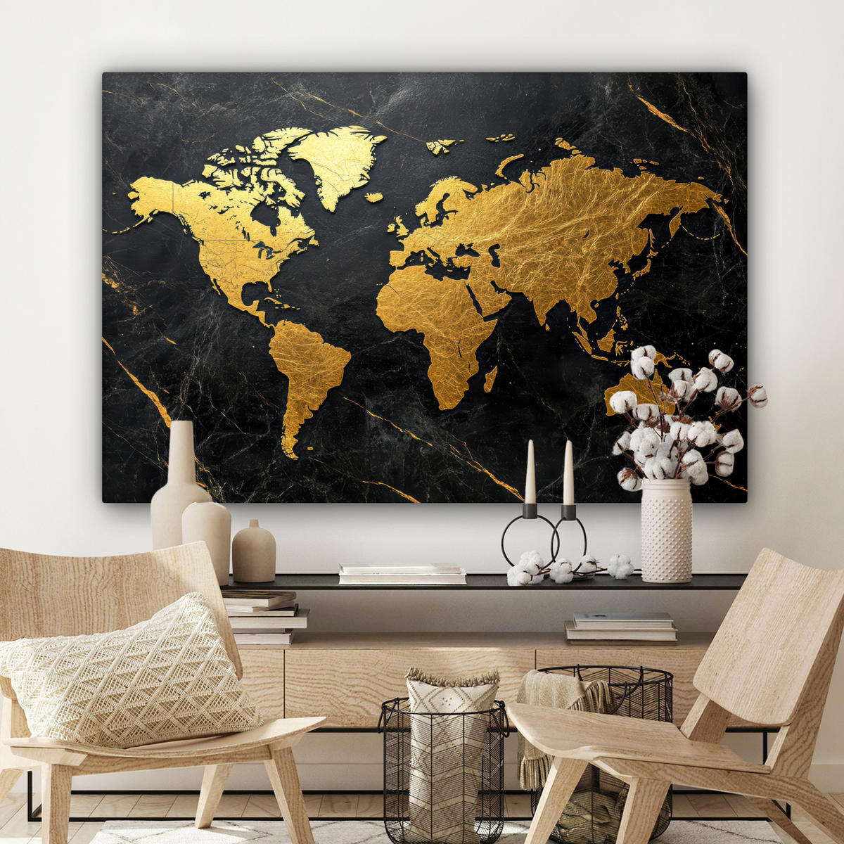 LEINWANDBILD Weltkarte - Gold - Marmor Wohnzimmer 120x80 cm - Goldfarben, Textil (120/80cm) - MuchoWow